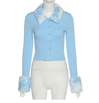 2021 Furry Apykakle ilgomis Rankovėmis Slim Rudens/Žiemos Moterų Trikotažas Mėlynas Pliušinis Briaunoti Megztiniai Ponios Cardigan Megztinis Megztinis