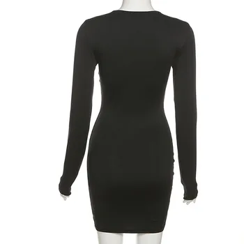 2021 Žiemos Seksualus Ilgomis Rankovėmis Mini Suknelė Klubas Kieto Juoda Tuščiaviduriai Iš Senovinių Slim Bodycon Moterų Pieštuku Suknelės, Šaliai Moterims