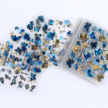 30Pcs Mėlyna Aukso 3D Įdegio Nagų Dailės Lipdukai Tuščiaviduriai Drugelis Gėlių Lipdukai Nustatyti Mišrių Nagų Dizaino Klijų 