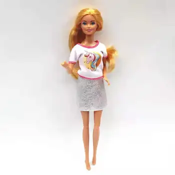 Balta Animacinių filmų Arklių Spausdinti Marškinėliai Sidabro Sijonas 1/6 BJD Doll Drabužius Barbie Komplektus 11.5