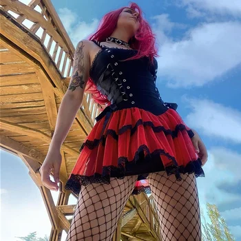 Gothic Lolita Kratinys Akies Juoda Suknelė Moterims Harajuku Punk Y2K Seksualus Aukšto Juosmens Mini Suknelės Tvarstis Klubo Šalis Suknelės