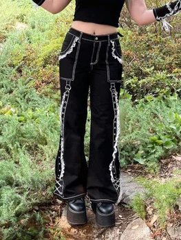 InsDoit Gotikos Plati Juoda Jean Moterų Streetwear Estetinės Nėrinių Kratinys Punk Grunge Džinsinio Audinio Kelnės Mados Tiesios Kelnės