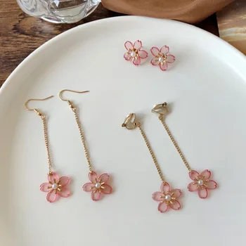 Japonijos Saldus Vyšnių Žiedų Pink Gėlių Įrašą Auskarai Moterų Mažų Šviežių Sakura Ilgai Kutas Klipą Auskarai Ne Pradurtas Ausis