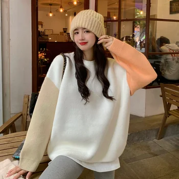 Korejpaa Kontrasto Susiuvimo Džemperis Moterims Korėja Tingus Stiliaus Rudens Žiemos 2021 Naujas ilgomis rankovėmis O-kaklo Megzti Megztinis Viršų