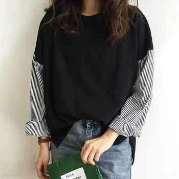 Korėjos Mados Dryžuotas Kratinys Long Sleeve T Shirt Moterims, Pavasarį, Rudenį Preppy Stilius Negabaritinių Viršuje Moterų Prarasti Atsitiktinis Tshirts