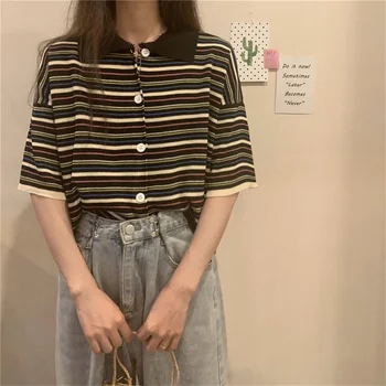Korėjos Stiliaus Stripe Marškinėliai Mados Atsitiktinis Slim Fit Polo Marškinėliai Derliaus Polo Apykakle Femme Pagrindinis Palaidinės Mielas Studentas