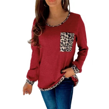 Leopardas Spausdinti Kratinys Negabaritinių marškinėliai Moteriška Apranga Briaunoti Vintage Mados Long Sleeve T-shirts Rudenį Viršūnes Moterų 2021