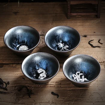 Mažos Talpos Jianzhan Teacup Glazūra Inkrustacijos Su Sidabro Aliejus Varva Arbatos Dubenėlį Kungfu Produkto Ming Taurės Krosnis Keramikos Arbatos Puodelio