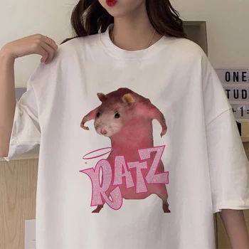 Moterų Harajuku T-shirt Streetwear Rankovėmis Viršūnes Mados Juokinga T-Shirt RATZ Anime Laiškas Spausdinti Tshirts Kawaii Negabaritinių marškinėliai