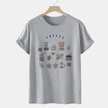 Moterų Kavos Piktogramos Print T Shirt Vasaros Atsitiktinis O-kaklo Plius Dydis Moterų Marškinėliai Mielas Trumpas Rankovės Kavos Mėgėjas Dovanų Tees Viršūnės