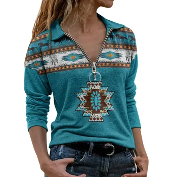 Moterų Viršūnių Rudenį Naujos Didelių gabaritų T-shirt V-kaklo su Užtrauktuku Actekų Etninės Spausdinimo ilgomis rankovėmis marškinėliai Atsitiktinis Megztinis Ponios Viršų