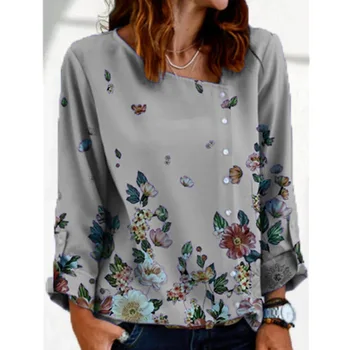 Nauja Rudens ir Žiemos Gėlių Spausdinti Long Sleeve T-shirts Moterų Atsitiktinis Viršūnes Didelio Dydžio Vinatge Nerijos Kaklo Negabaritinių Marškinėliai Drabužių