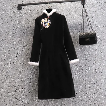 Plus Size Rudens Žiemos Moterų Suknelės, Kinų stiliaus Cheongsam suknelė ilgomis Rankovėmis, Šiltas Juodas Elegantiškas 4XL Vestido De Fiesta