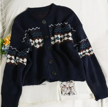Rudens retro plataus naujas pledas single-breasted megztinis ilgomis rankovėmis megzti laisvas megztinis