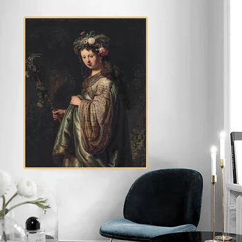 Saskia van Uylenburgh kaip ir Floros rūšių apsaugos kontroliuojant Rembrandt Drobė, Aliejus, Tapyba Garsaus Kūrinio Plakato Nuotrauką Dekoro Namų kambarį Apdaila