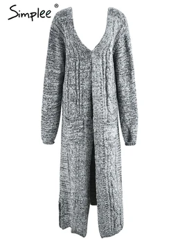 Simplee Megzti v-kaklo, kietas ilgas megztinis Šiltas moterų maxi cardigan 2018 nauja rudens žiemos ilgomis rankovėmis džemperis cardigan kišenėje
