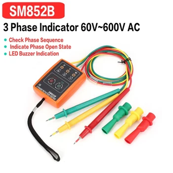 SM852B 3 Etapas Sukimosi Testeris 60V AC~600V Skaitmeninis Fazės Indikatorius Detektorius LED garsinis signalas Fazių Seka Skaitiklio Įtampos Testeris