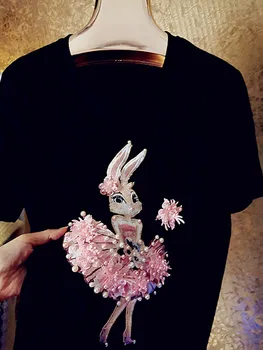 Sunkioji Pramonė Zawalcowany Pearl Cute Bunny t-shirt moterims, vasaros trimatis Gėlių Medvilnės Prarasti viršuje tees