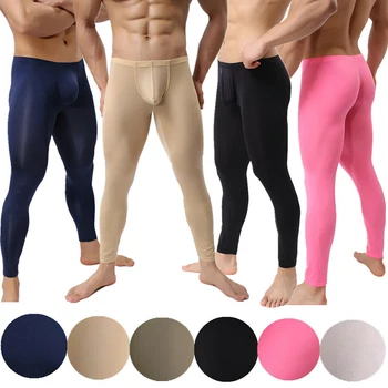 Ultra-plonas Vyrų Antblauzdžiai Fitneso Ledo Šilko Ilgai Johns Kelnės Sexy Apatiniai Varpos Dėklas Mens Suspaudimo Triko Antblauzdžiai Sleepwear