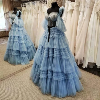 Vestidos de fiesta Mėlynos spalvos Tiulio Promenadzie Suknelė 2022 Naujausias Susiėmę Pakopas Gana Moterims, Vakaro Suknelės Pritaikyti arabų Oficialią Chalatai